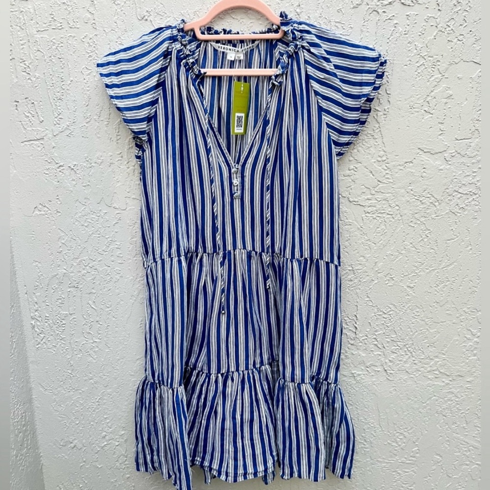 Veronica Beard Zee plaid flax linen blend blue striped mini dress 14